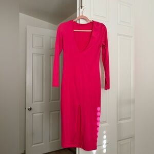 Elegant Pink Long Sleeve Dress - deep neck - hot pink - Small/Medium